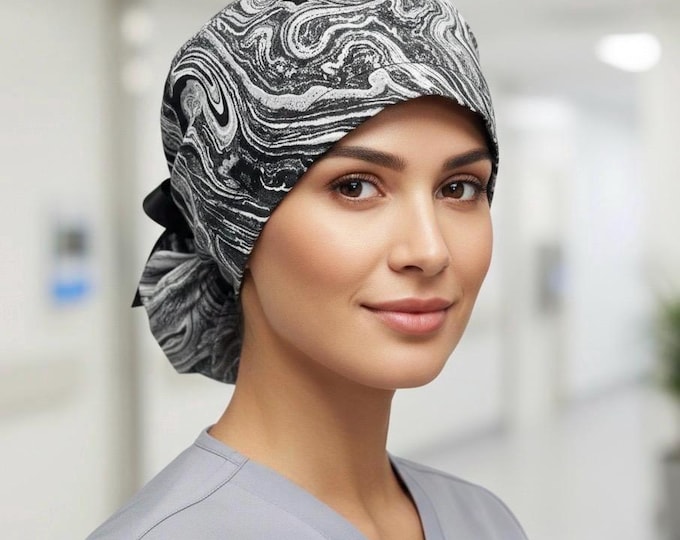Surgical Ponytail Scrub Cap Nurse Uniform Hat for Operating Room Black and White Marble Print