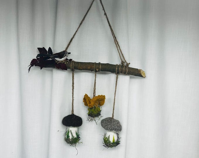 Crochet Mushroom Wall Hanging Cottagecore Home Decor Woodland Accent Modern Farmhouse