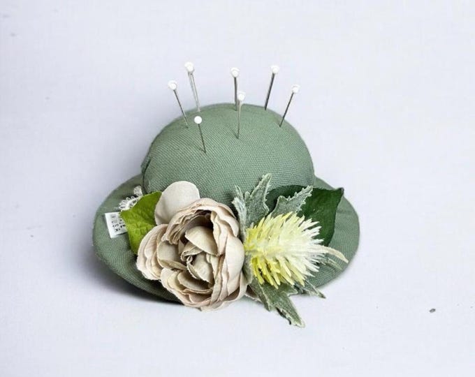 Handmade Floral Hat Pincushion – Sage Green Needle Holder, Seamstress Gift