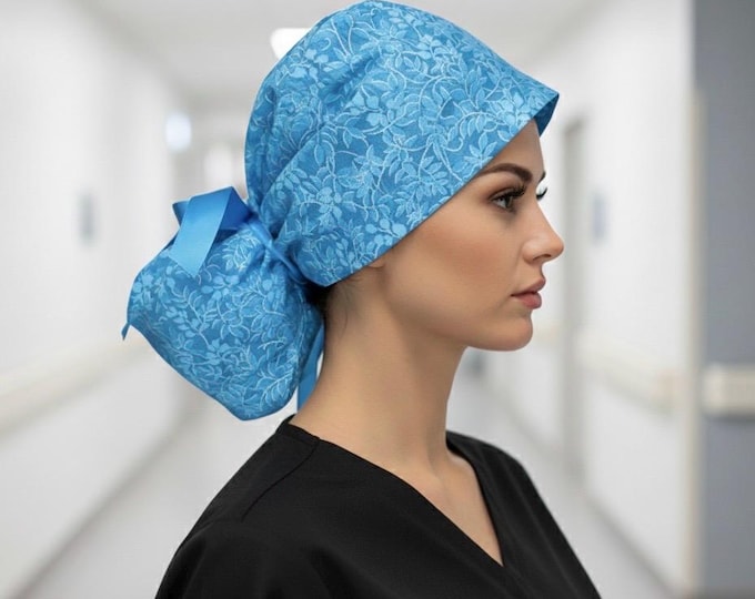 Surgical Scrub Cap with Ponytail Nursing Uniform Operating Room Hat - Light Blue with White Foliage Print