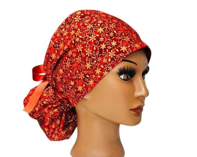 Surgical Scrub Cap with Ponytail Nurse Uniform Hat for Operating Room Fall Floral and Leaves Print