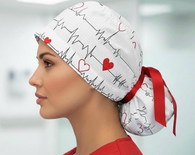 Surgical Scrub Cap with Ponytail Nurse Uniform Hat for Operating Room White with Hearts and Cardiogram EKG Print