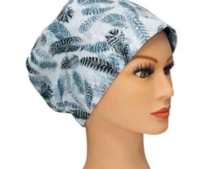 Blue and Gray Feathers Print Medical Surgical Scrub Cap Nursing Uniform Operating Room Hat Gift for Nurse