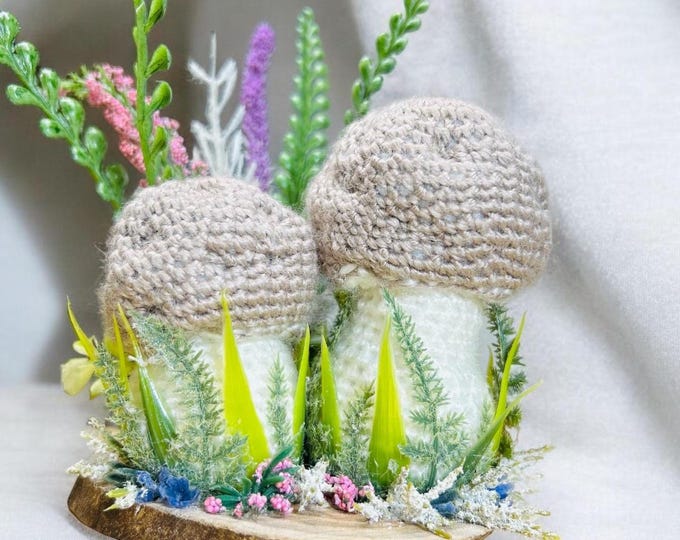 Crochet Mushroom Pincushion, Cottagecore Decor on Wooden Platform
