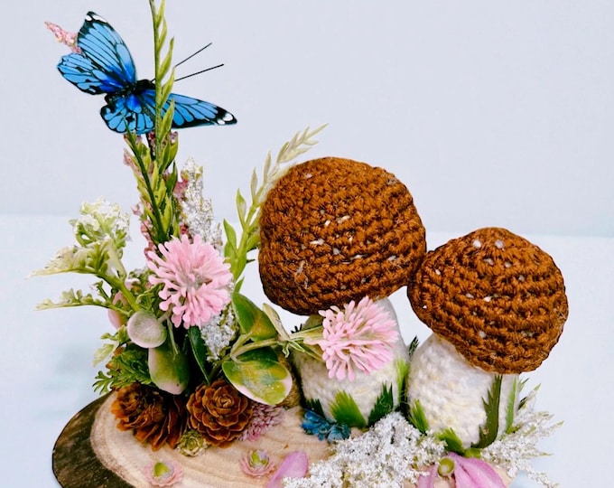 Decorative mushroom pincushion on the wooden platform, cottage core home dècor, crafter gift