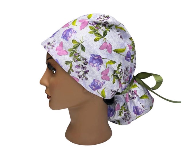 Surgical Ponytail Scrub Cap Nurse Uniform Hat for Operating Room Spring Floral Print