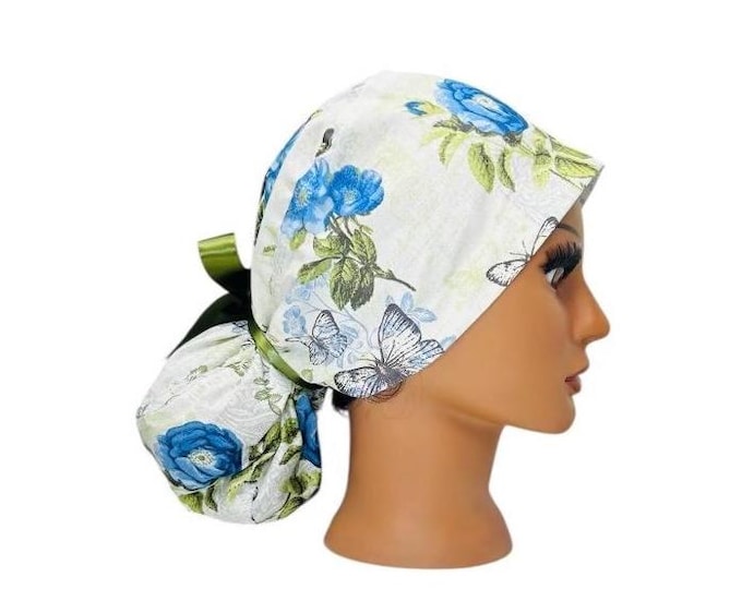 Blue Rose Floral Print Surgical Scrub Cap with Ponytail Nurse Uniform Hat for Operating Room