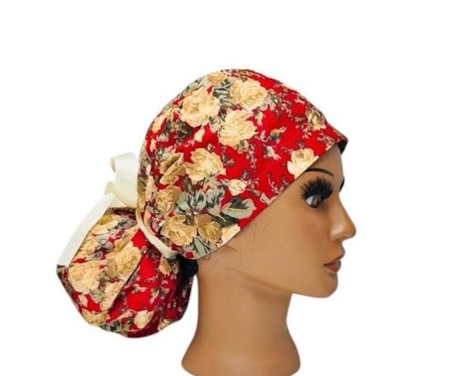 Surgical Scrub Cap with Ponytail Nurse Uniform Hat for Operating Room Red and Golden Yellow
