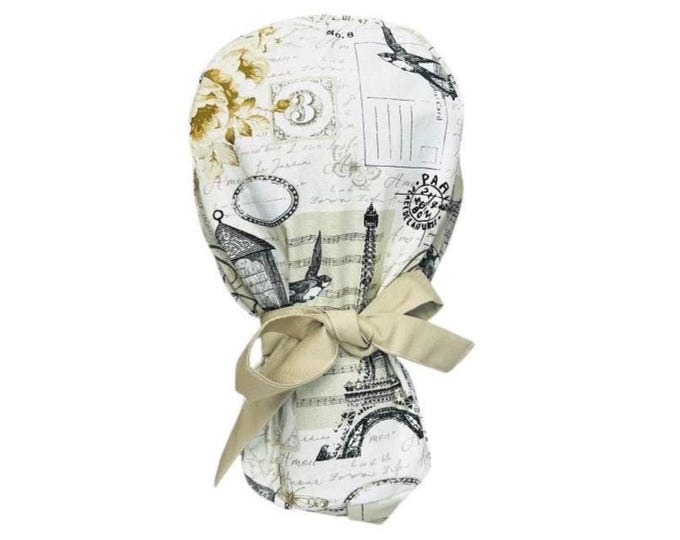 Surgical Scrub Cap with Ponytail Nurse Uniform Hat for Operating Room - Paris - Eiffel Tower Print