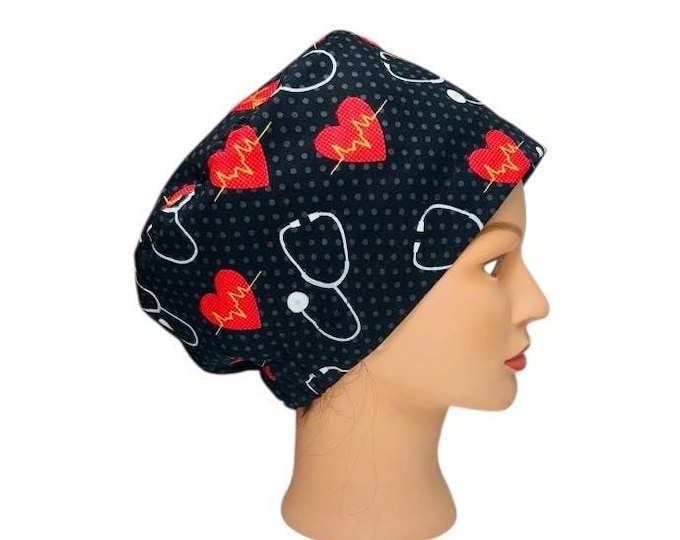 Surgical Scrub Cap Nurse OR Hat Hearts and Stethoscopes Print
