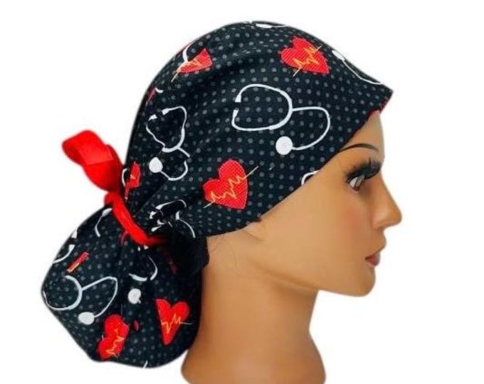 Valentines Day Surgical Scrub Cap with Ponytail Nurse Uniform Hat for Operating Room Hearts and Stethoscope Print