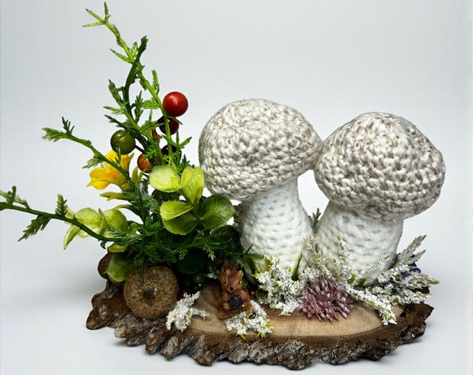 Decorative mushroom pincushion on the wooden platform, cottage core home dècor, crafter gift