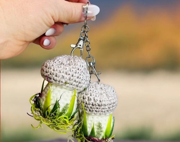 Mushroom Car Charm Rear View Mirror Hanger Car Decoration- Gray and White, Set of 2 - Handmade Crochet