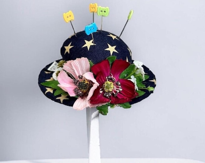 American Flag Floral Pincushion Hat Needle Holder Vintage Inspired USA 250