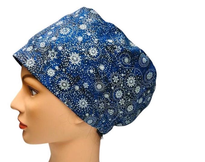 Nursing Surgical Scrub Hat Cap - Navy Blue with Snowlakes