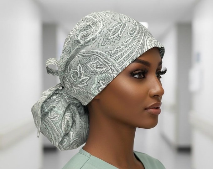 Nursing Surgical Scrub Hat Cap with Ponytail - White with Gray Paisley Print