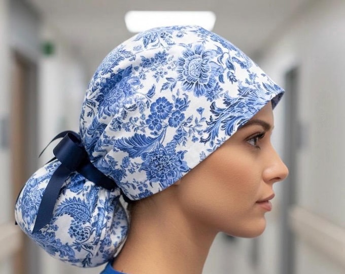 Blue Chinoiserie Print Surgical Scrub Cap with Ponytail  Nurse Uniform Hat for Operating Room