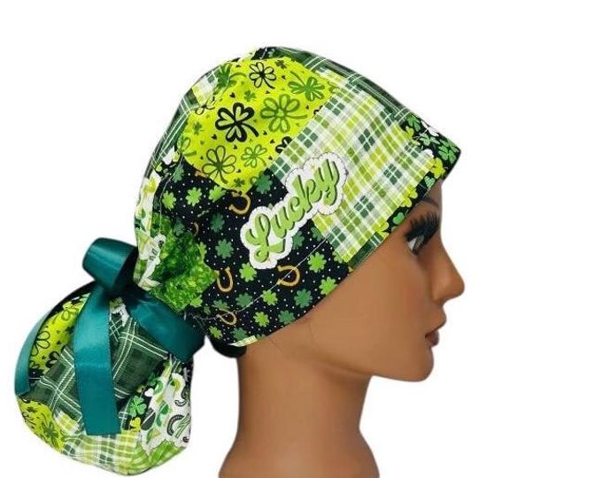 St.Patrick’s Day Lucky Green Surgical Scrub Cap with Ponytail Nurse Uniform Hat for Operating Room