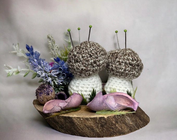 Crochet Mushroom Pincushion on Wooden Platform Cottage Core Decor Farmhouse