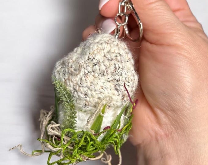 Handmade Crochet Mushroom Keychain – Light Gray Mushroom Charm