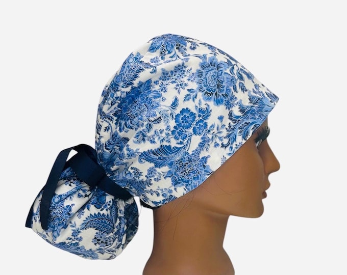 Surgical Scrub Cap with Ponytail Blue Chinoiserie Print Nurse Uniform Hat for Operating Room