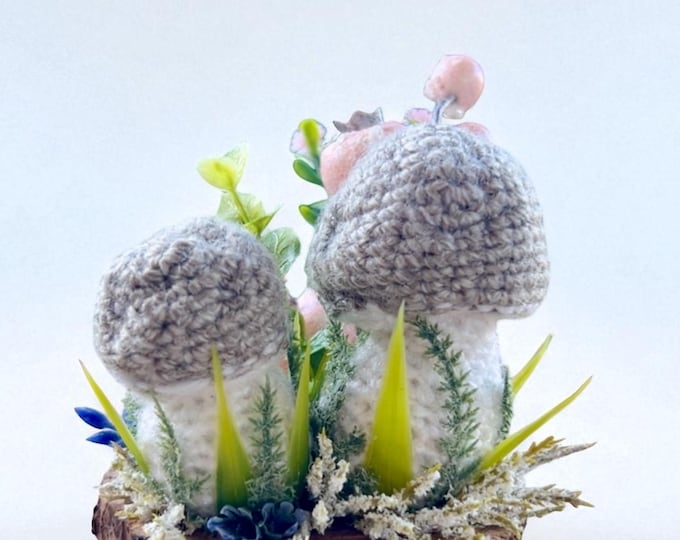 Decorative mushroom pincushion on the wooden platform, cottage core home dècor, crafter gift