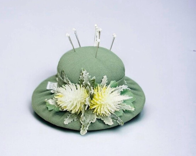 Vintage Inspired Victorian Style Hat Pincushion Sage Green Floral Handmade Hat Design Needle Holder
