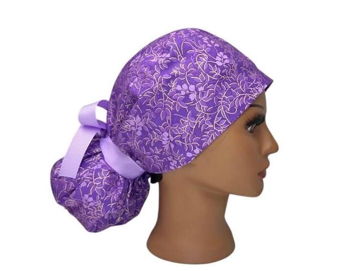 Medical Surgical Scrub Cap with Ponytail Nurse Uniform Hat for Operating Room Purple with Lavender and Gold Print