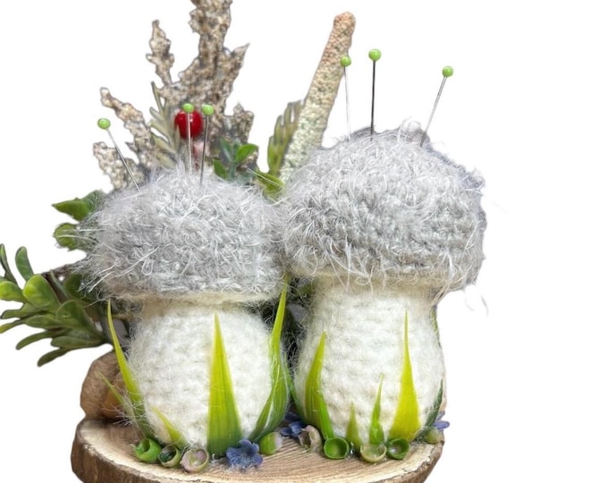 Decorative mushroom pincushion on the wooden platform, cottage core home dècor, crafter gift