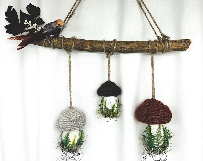 Crochet Mushroom Wall Hanging Cottagecore Home Decor Woodland Accent Modern Farmhouse