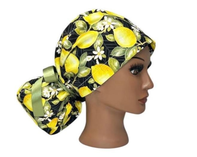 Lemons Citrus Print Surgical Scrub Cap with Ponytail Nurse Uniform Hat for Operating Room