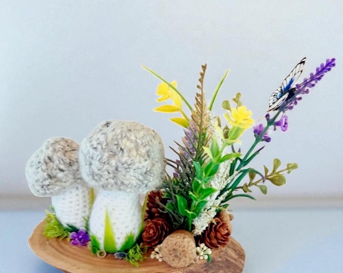 Decorative mushroom pincushion on the wooden platform, cottage core home dècor, crafter gift