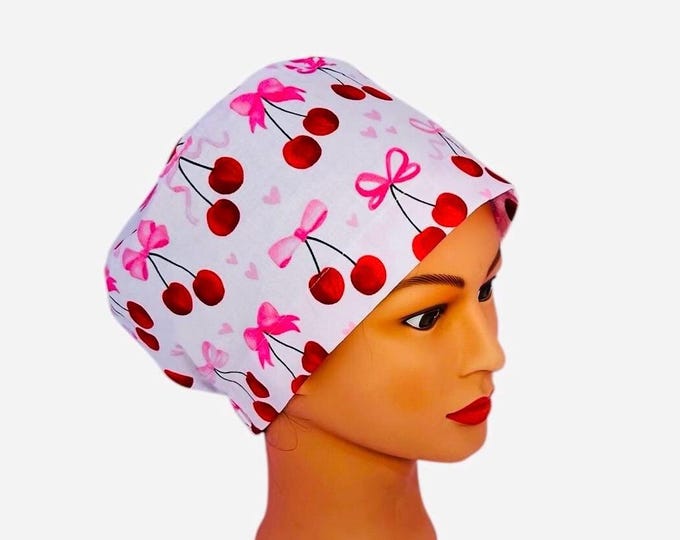 Cherries and Bows Print Surgical Scrub Cap Nurese Hat for Operating Room Head Cover for Valentines Day