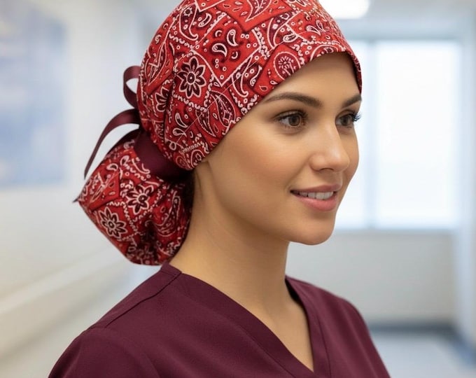 Classic Bandana Paisley Print Surgical Scrub Cap with Ponytail Nurse Uniform Hat for Operating Room
