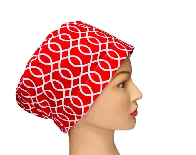 Nursing Surgical Scrub Hat Cap Red and White Geometrical Print