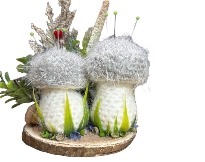 Decorative mushroom pincushion on the wooden platform, cottage core home dècor, crafter gift