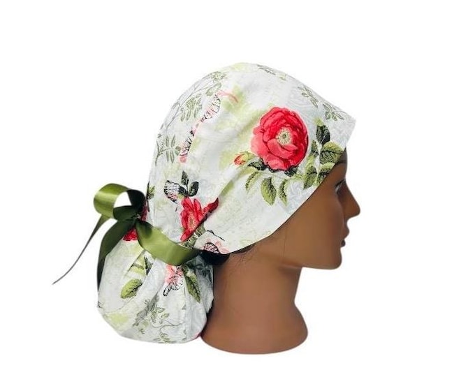 Nursing Surgical Scrub Hat Cap with Ponytail White with Floral Print