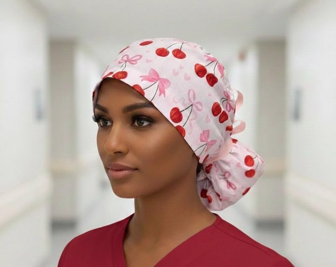 Surgical Scrub Cap with Ponytail Nurse Uniform Hat for Operating Room - Cherries and Bows Coquette Print