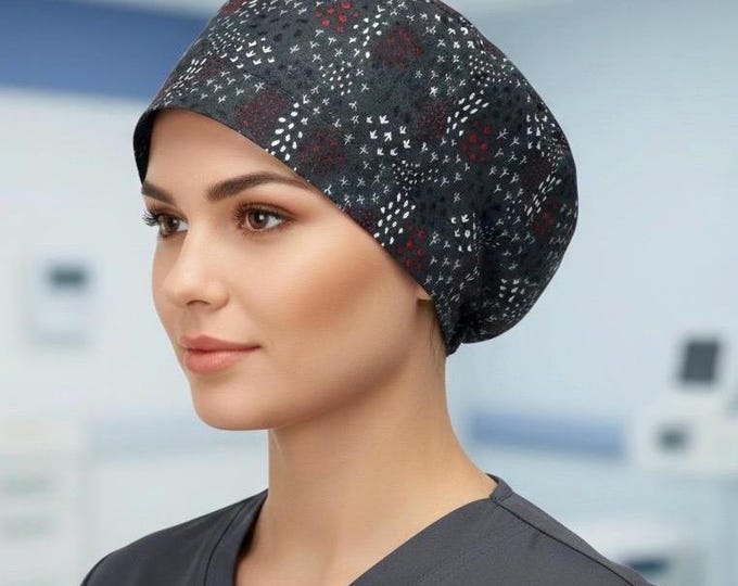 Nursing Surgical Scrub Hat Cap Black with Small Red and White Print