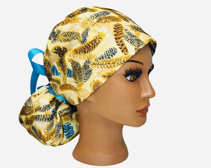 Feathers Print Surgical Scrub Cap with Ponytail Nurse Uniform Hat for Operating Room