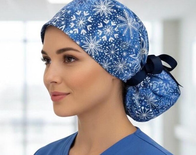 Nursing Surgical Scrub Hat Cap with Ponytail - Navy Blue with Snowflakes- Winter Christmas Edition