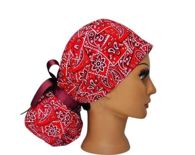 Classic Bandana Paisley Print Surgical Scrub Cap with Ponytail Nurse Uniform Hat for Operating Room