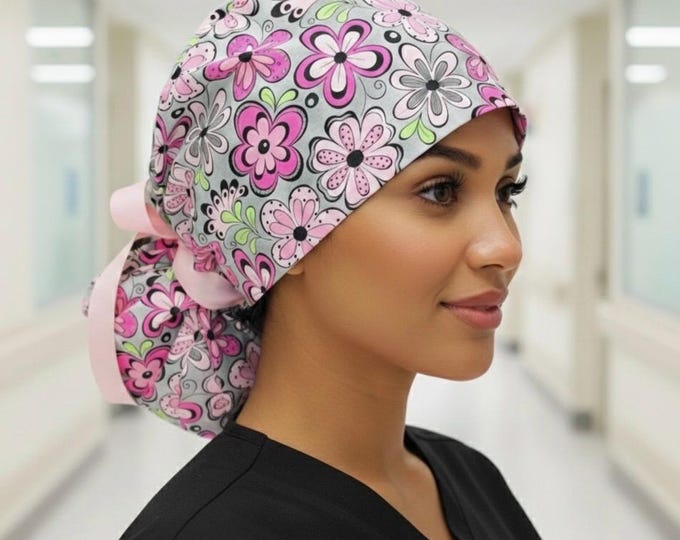 Surgical Ponytail Scrub Cap Floral Print Nurse Uniform Hat for Operating Room Springtime nurse scrub cap