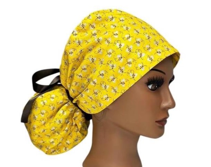 Yellow with Bees Print Surgical Scrub Cap with Ponytail Nurse Uniform Hat for Operating Room
