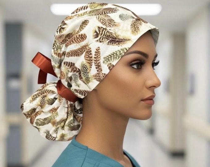 Feathers Print with Brown Ribbon Tie  Surgical Scrub Cap with Ponytail Nurse Uniform Hat for Operating Room