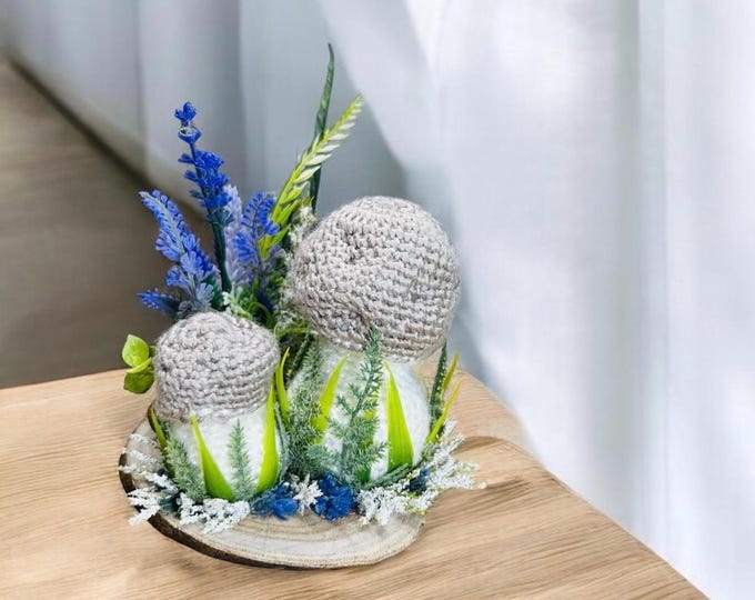 Decorative mushroom pincushion on the wooden platform, cottage core home dècor, crafter gift