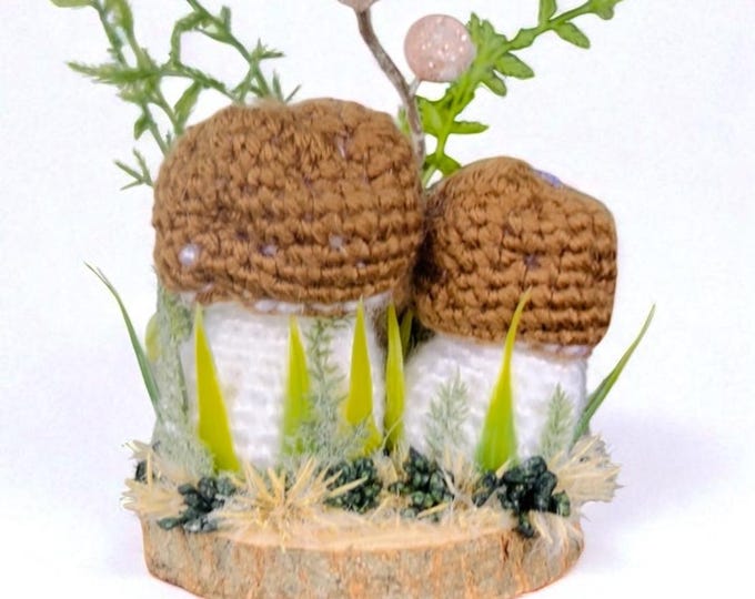 Decorative mushroom pincushion on the wooden platform, cottage core home dècor, crafter gift