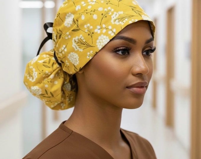 Yellow and White Floral Print Surgical Scrub Cap with Ponytail Nurse Uniform Hat for Operating Room