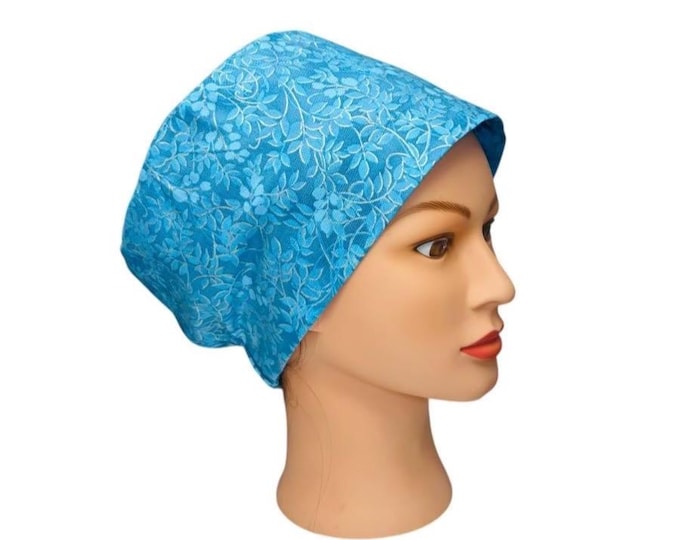 Nursing Surgical Scrub Hat Cap Blue with White Foliage