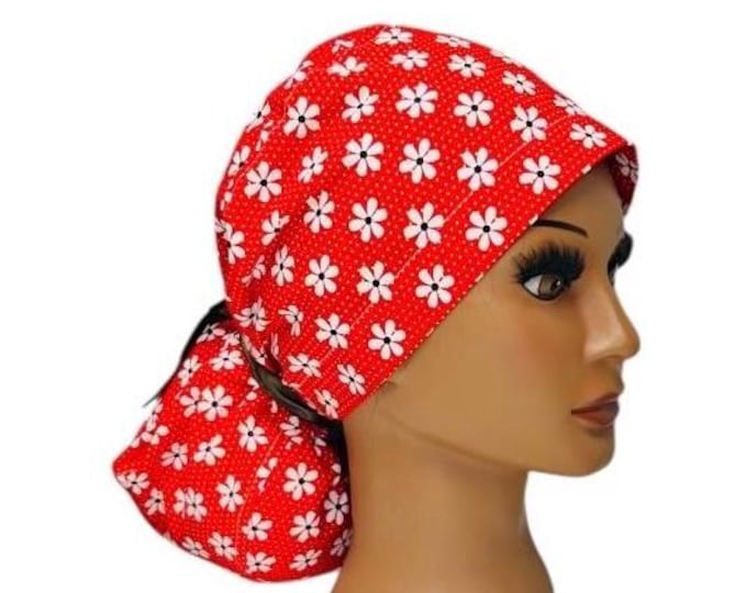 Surgical Scrub Cap with Ponytail Nurse Uniform Hat for Operating Room Red with White Flowers